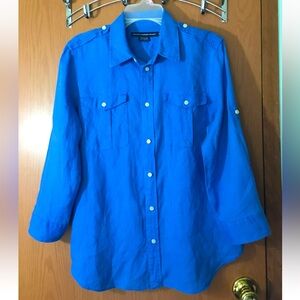 Ralph Lauren Sport Womens Linen ShirtSize 14 Blue Button Roll Tab 3/4 Sleeve